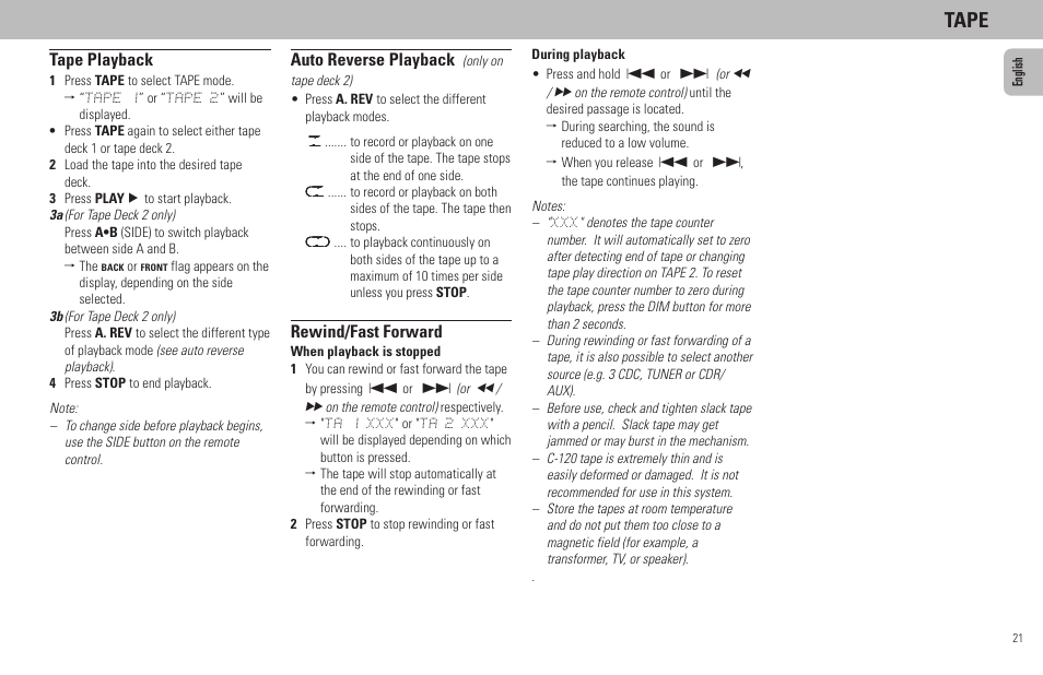 Tape, Auto reverse playback, Rewind/fast forward | Tape playback | Philips MZ7-37 User Manual | Page 21 / 27