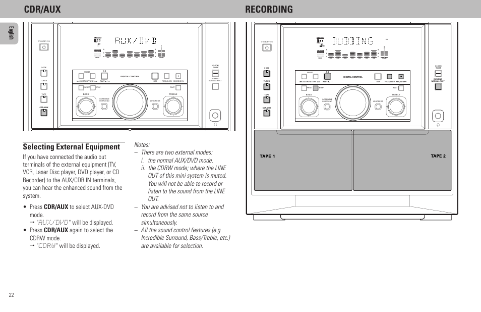 Cdr/aux recording, Selecting external equipment, English | Philips MZ7-37 User Manual | Page 22 / 27