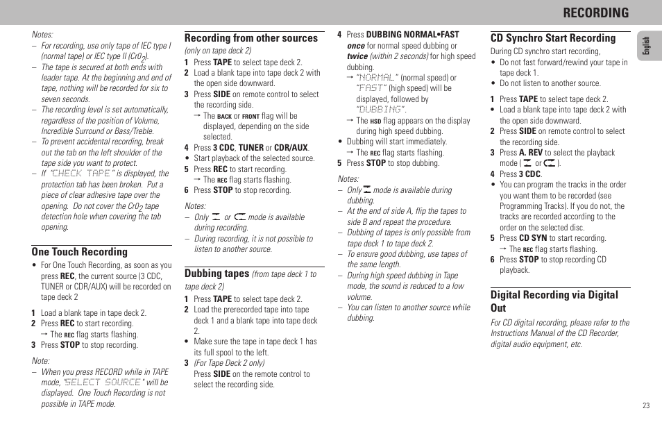 Recording, One touch recording, Recording from other sources | Dubbing tapes, Cd synchro start recording, Digital recording via digital out | Philips MZ7-37 User Manual | Page 23 / 27