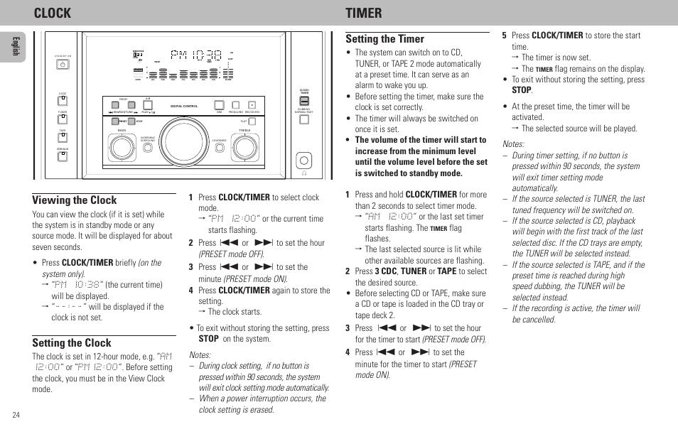 Clock timer, Viewing the clock, Setting the clock | Setting the timer, English, T to set the hour (preset mode off). 3 press s or | Philips MZ7-37 User Manual | Page 24 / 27
