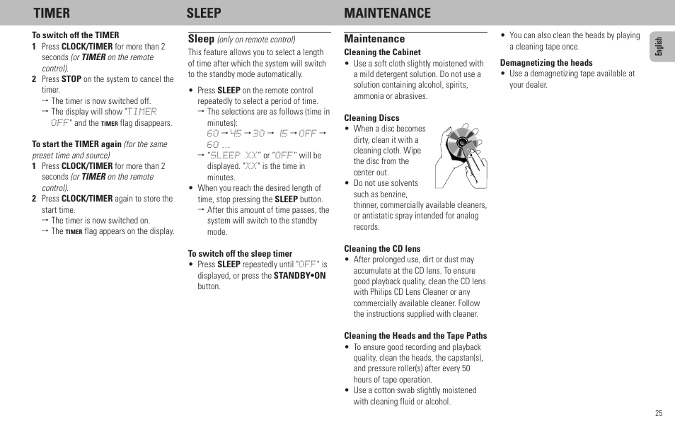 Timer sleep maintenance, Sleep, Maintenance | Philips MZ7-37 User Manual | Page 25 / 27