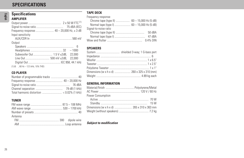 Specifications | Philips MZ7-37 User Manual | Page 26 / 27