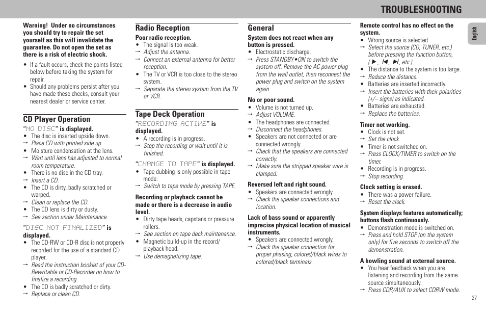 Troubleshooting, Cd player operation, Radio reception | Tape deck operation, General | Philips MZ7-37 User Manual | Page 27 / 27