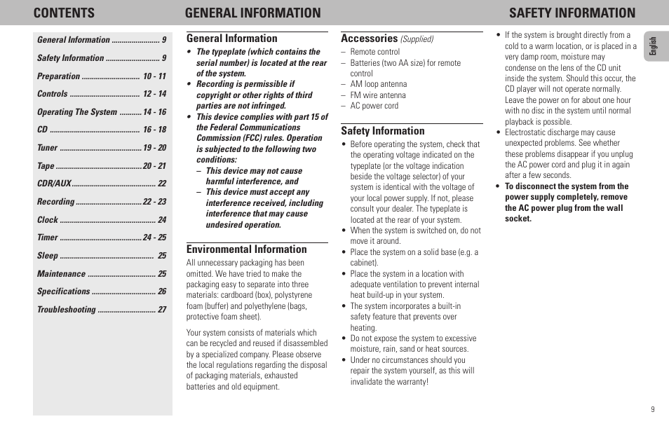 Contents general information safety information | Philips MZ7-37 User Manual | Page 9 / 27