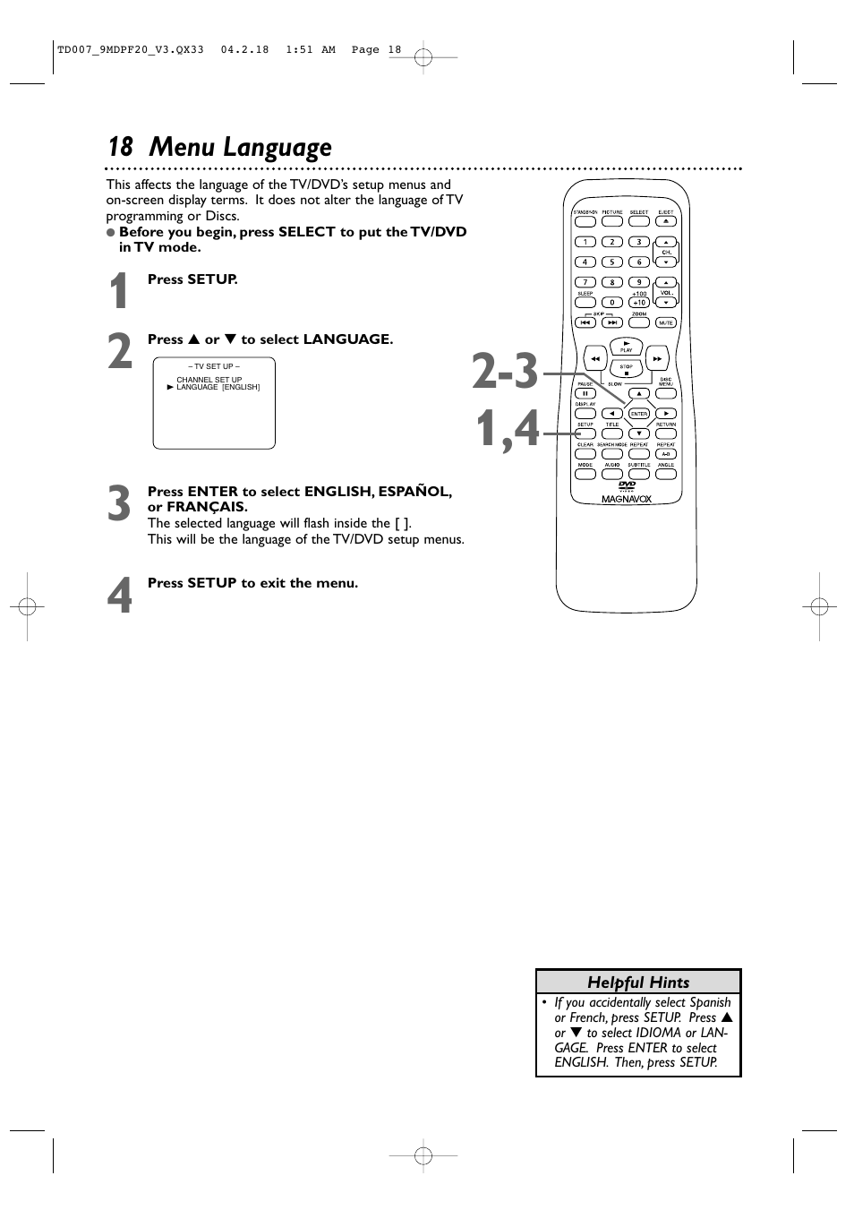 18 menu language | Philips Magnavox 9MDPF20 User Manual | Page 18 / 52