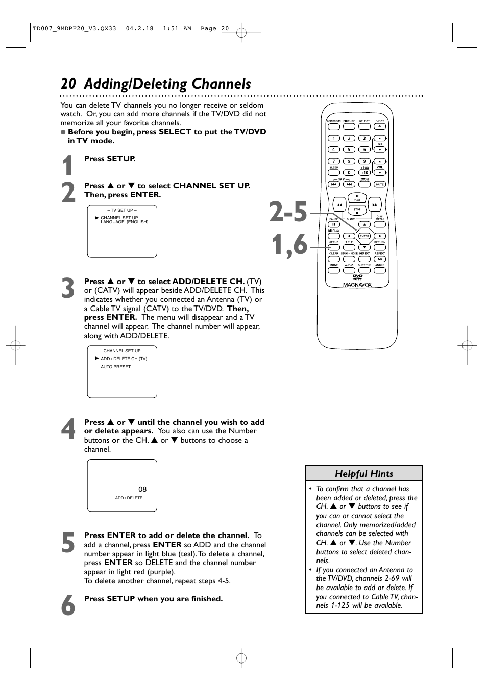 20 adding/deleting channels | Philips Magnavox 9MDPF20 User Manual | Page 20 / 52