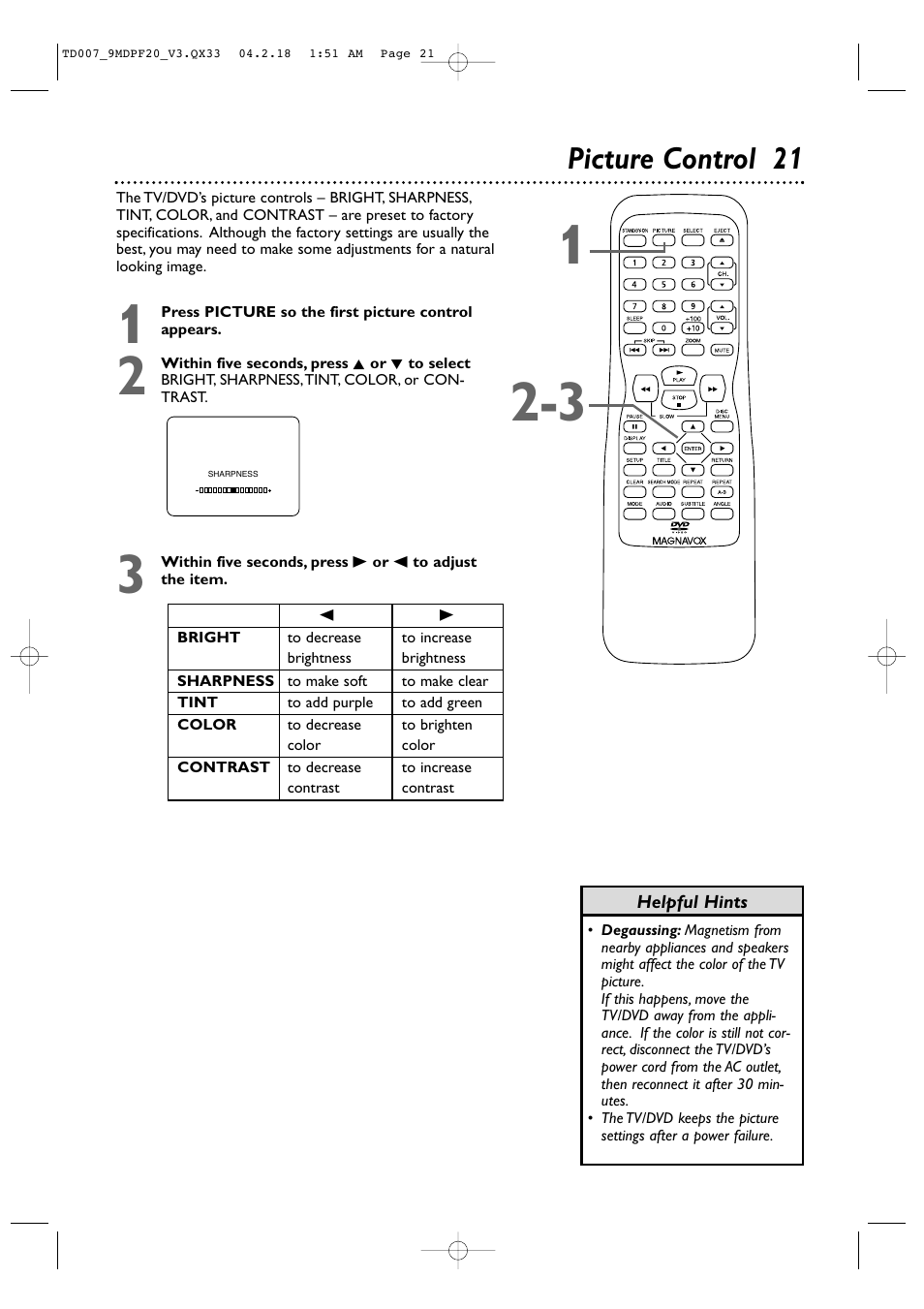 Picture control 2 1 | Philips Magnavox 9MDPF20 User Manual | Page 21 / 52