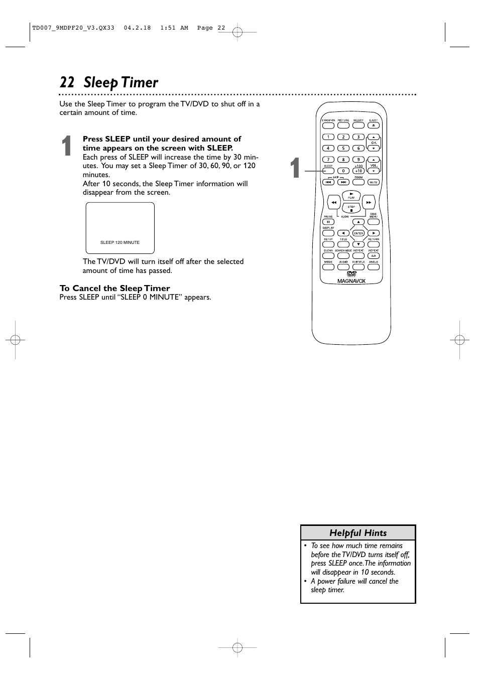 22 sleep timer | Philips Magnavox 9MDPF20 User Manual | Page 22 / 52