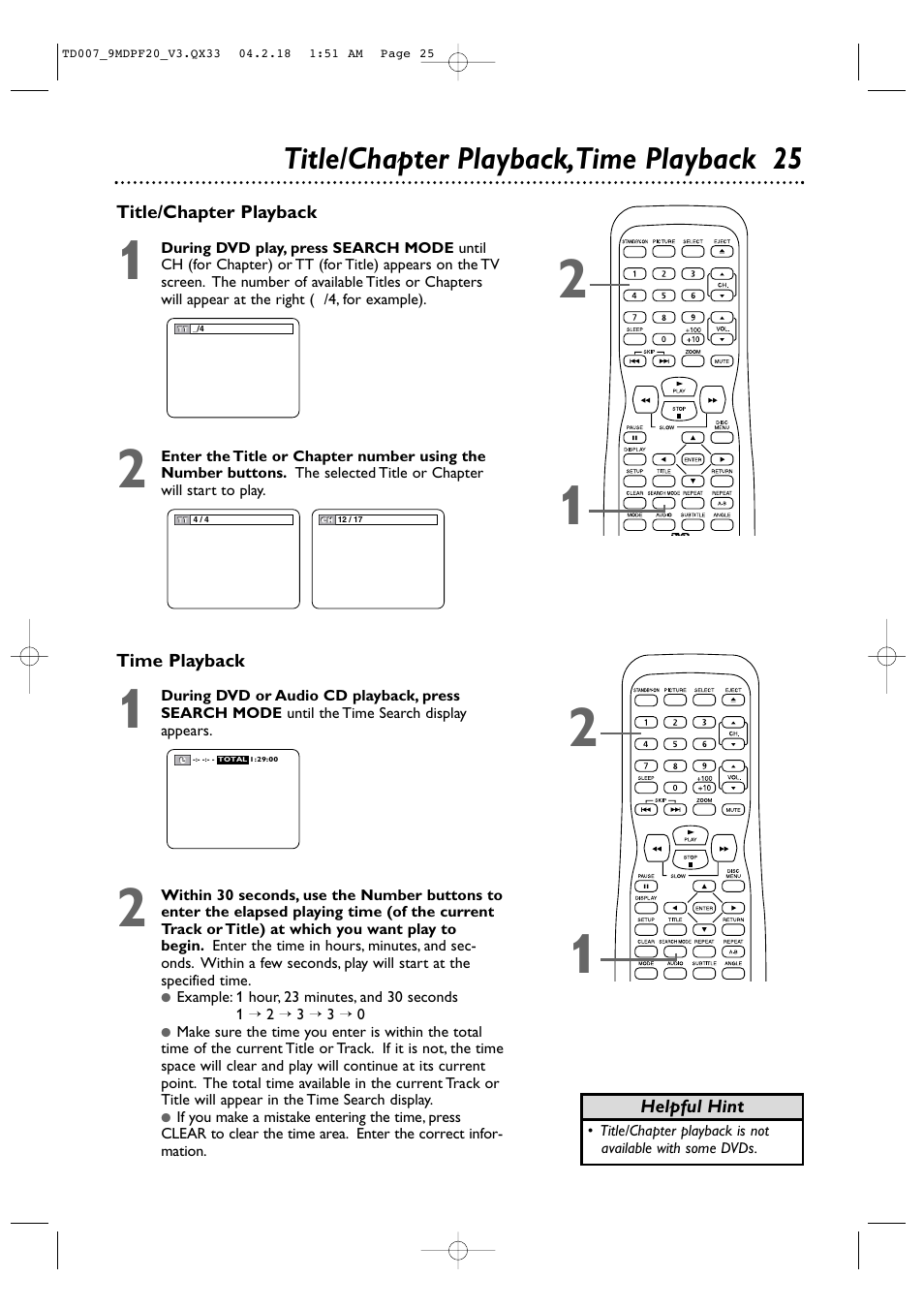 Title/chapter playback,time playback 25 | Philips Magnavox 9MDPF20 User Manual | Page 25 / 52