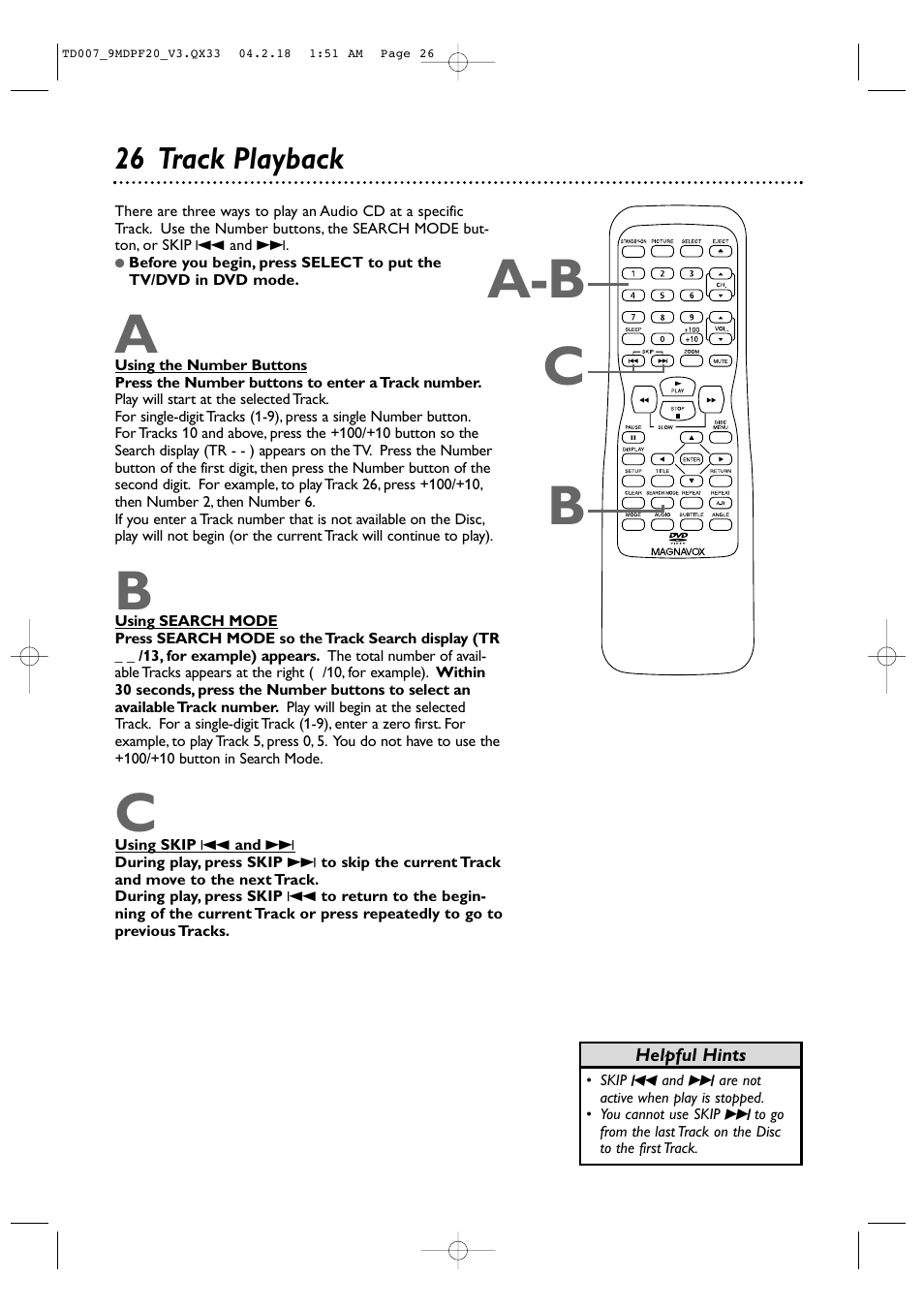 Ca-b b, 26 track playback | Philips Magnavox 9MDPF20 User Manual | Page 26 / 52