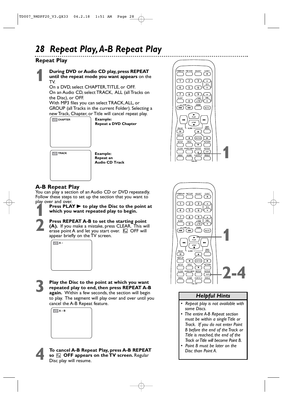 28 repeat play, a-b repeat play | Philips Magnavox 9MDPF20 User Manual | Page 28 / 52