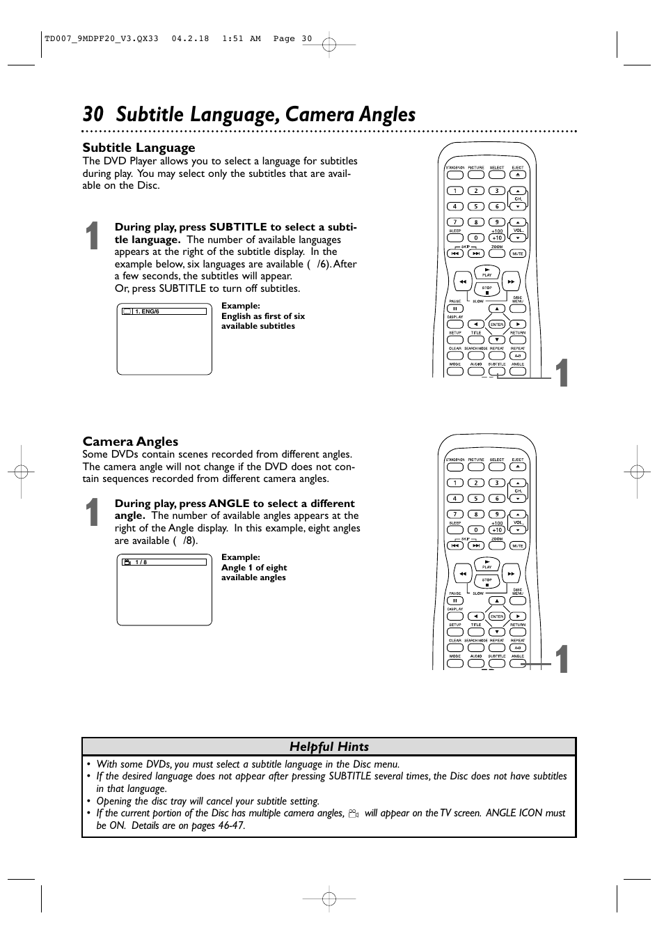 30 subtitle language, camera angles | Philips Magnavox 9MDPF20 User Manual | Page 30 / 52