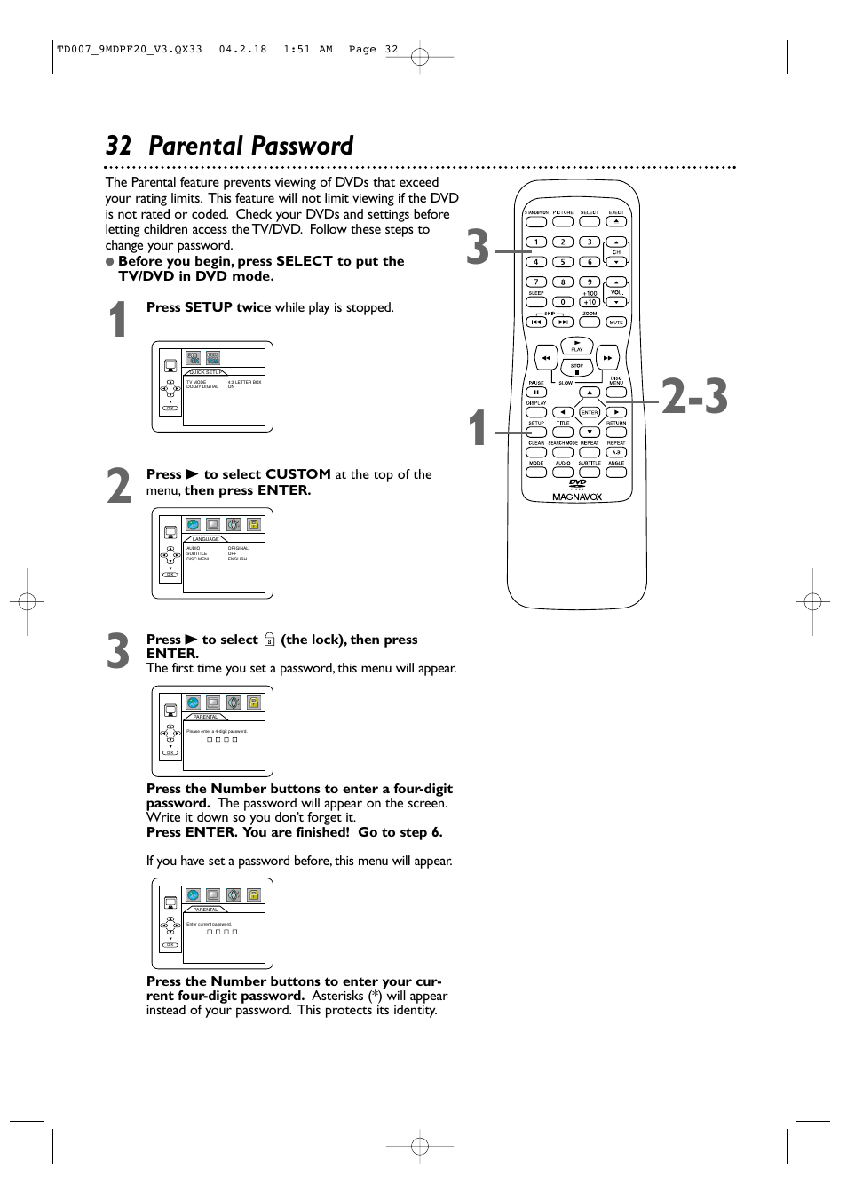 32 parental password | Philips Magnavox 9MDPF20 User Manual | Page 32 / 52