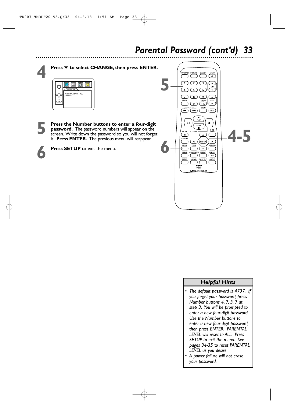 Parental password (cont’d) 33 | Philips Magnavox 9MDPF20 User Manual | Page 33 / 52