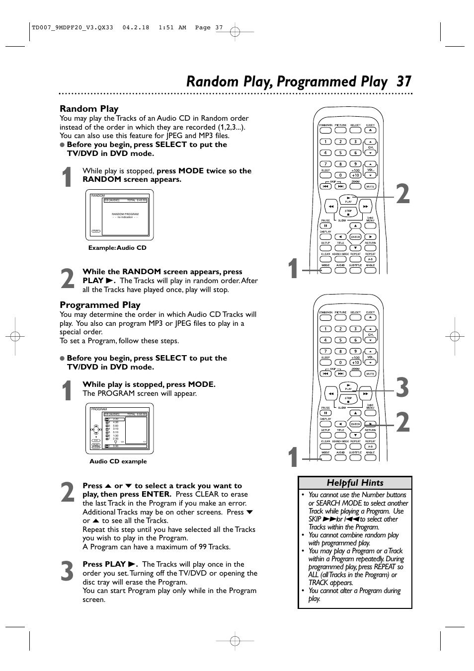 Random play, programmed play 37 | Philips Magnavox 9MDPF20 User Manual | Page 37 / 52