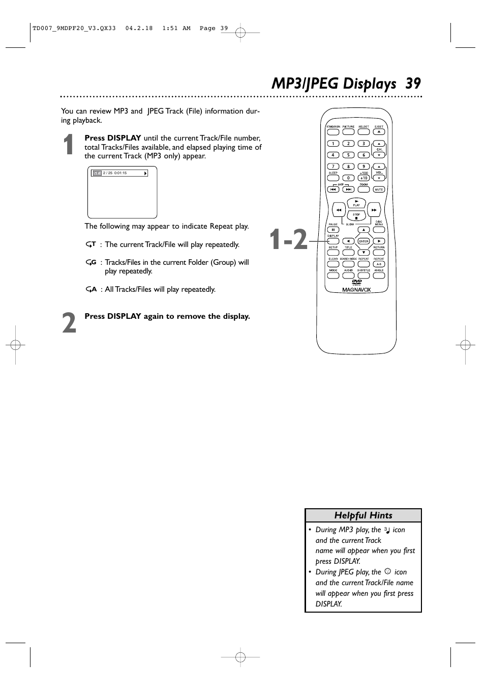 Mp3/jpeg displays 39 | Philips Magnavox 9MDPF20 User Manual | Page 39 / 52