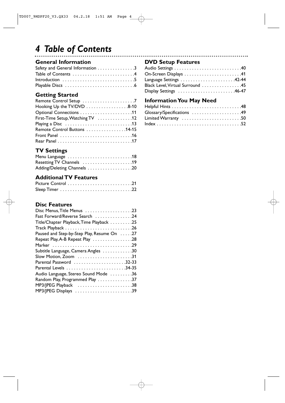 4 table of contents | Philips Magnavox 9MDPF20 User Manual | Page 4 / 52