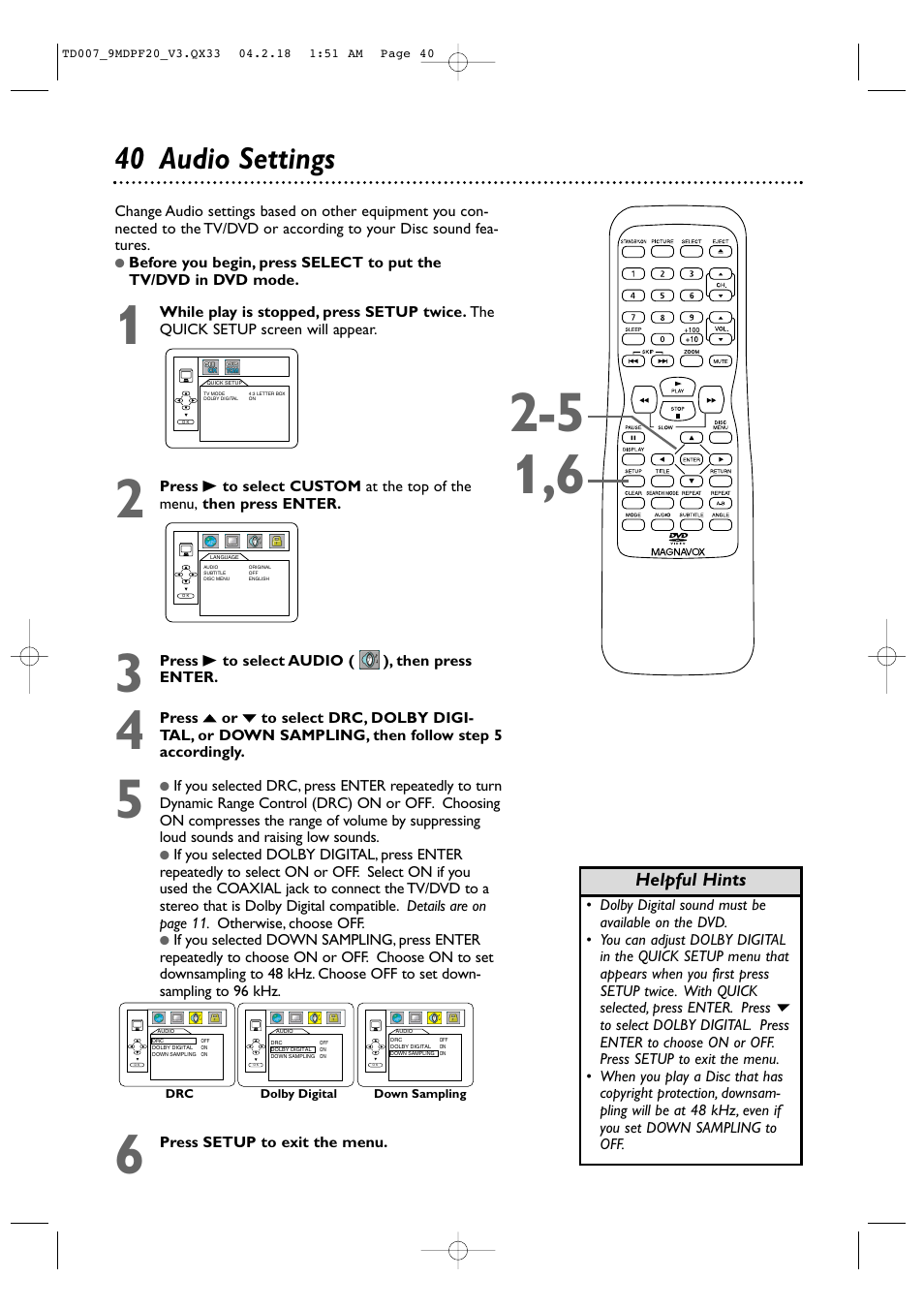 40 audio settings | Philips Magnavox 9MDPF20 User Manual | Page 40 / 52