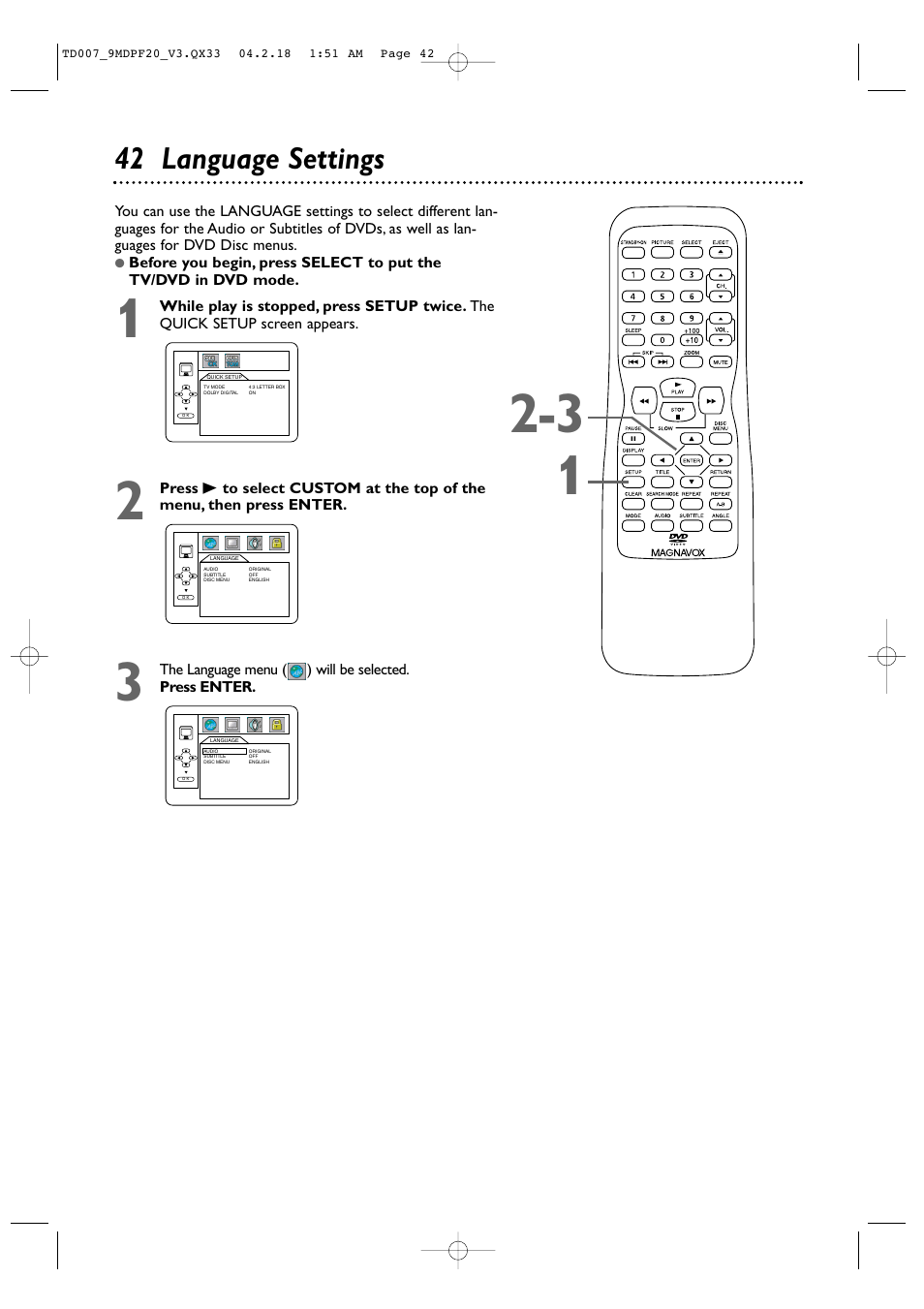 42 language settings | Philips Magnavox 9MDPF20 User Manual | Page 42 / 52