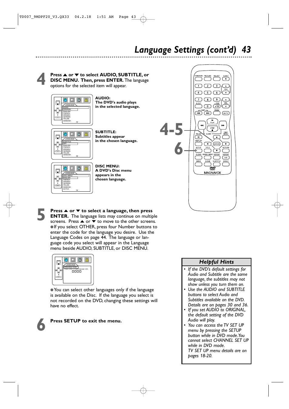 Language settings (cont’d) 43 | Philips Magnavox 9MDPF20 User Manual | Page 43 / 52