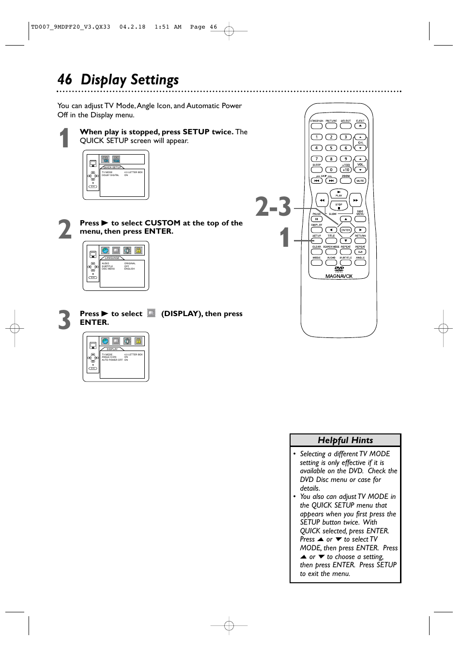 46 display settings | Philips Magnavox 9MDPF20 User Manual | Page 46 / 52