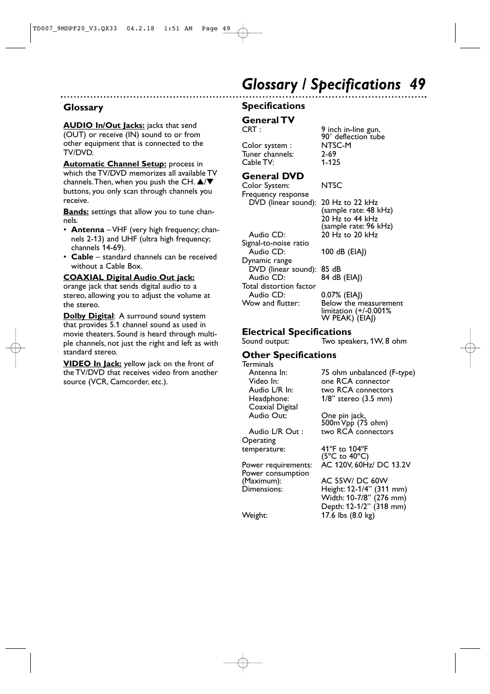 Glossary / specifications 49 | Philips Magnavox 9MDPF20 User Manual | Page 49 / 52