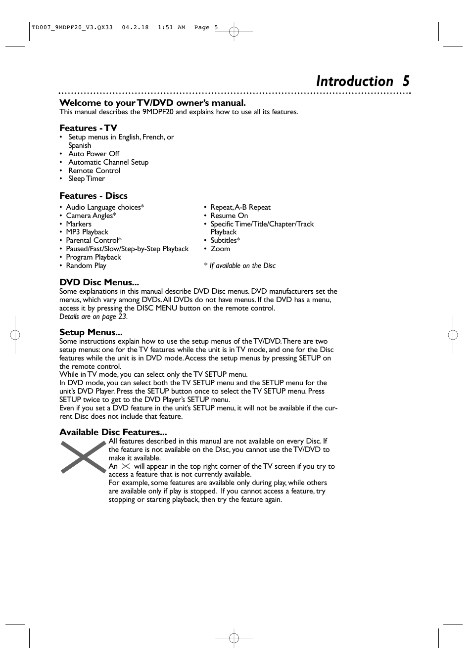 Introduction 5 | Philips Magnavox 9MDPF20 User Manual | Page 5 / 52