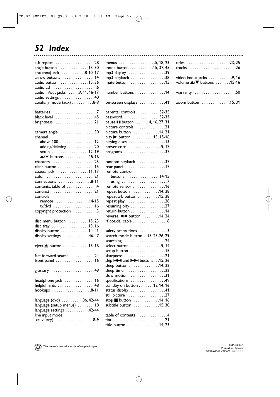 52 index | Philips Magnavox 9MDPF20 User Manual | Page 52 / 52