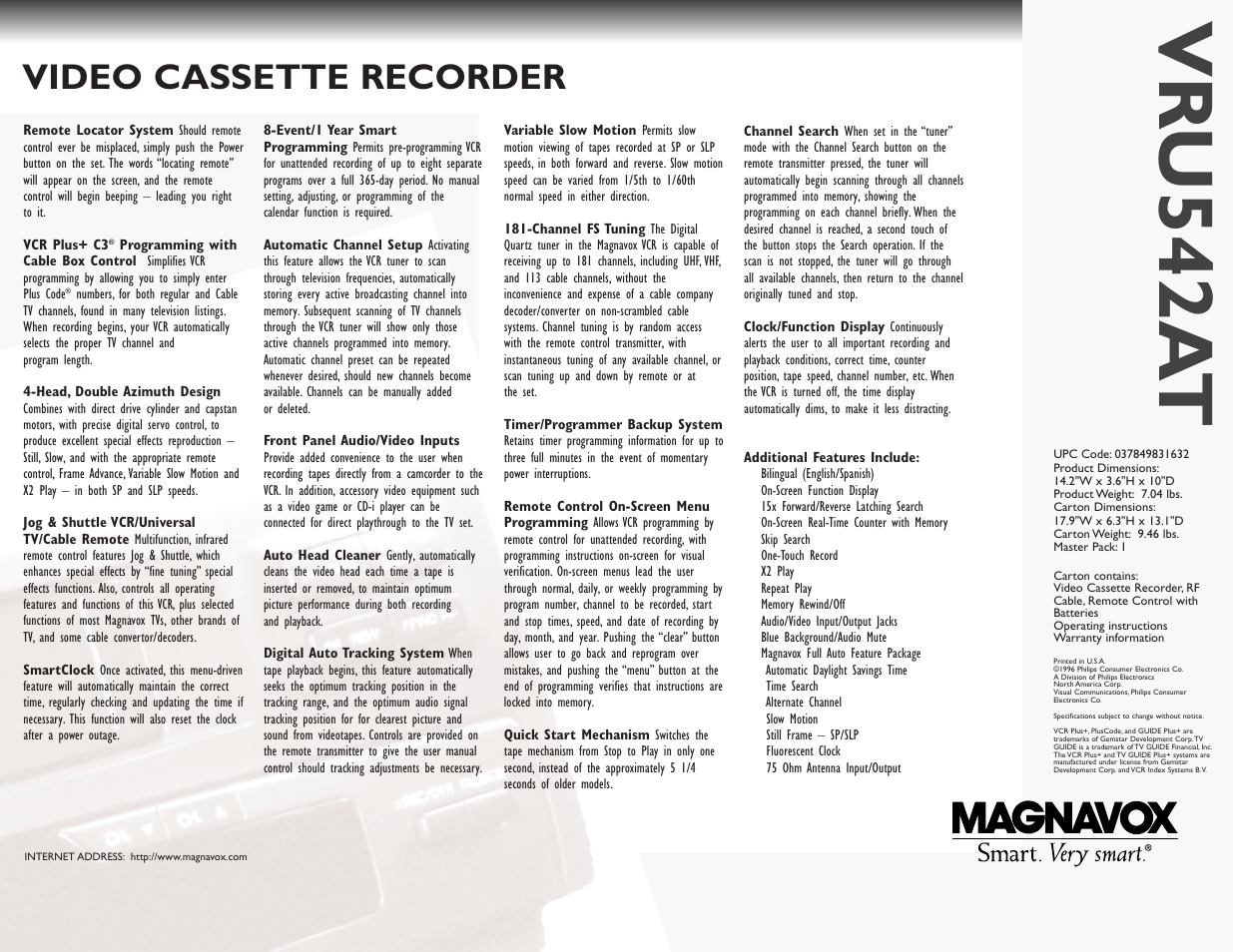 Vr u542a t, Video cassette recorder | Philips Magnavox VRU542AT User Manual | Page 2 / 2