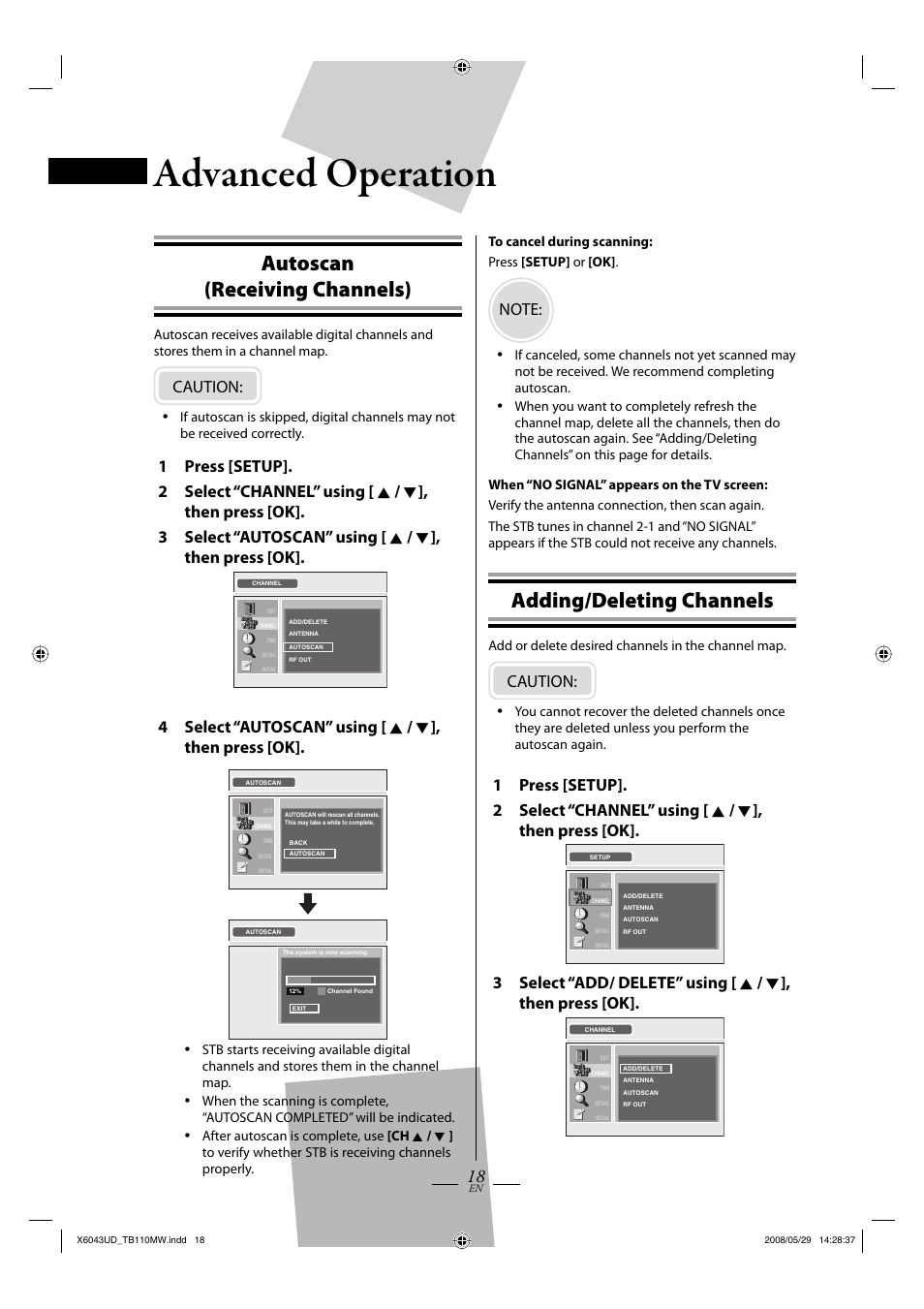 Advanced operation, Autoscan (receiving channels), Adding/deleting channels | Caution | Philips Magnavox TB110MW9 User Manual | Page 18 / 32