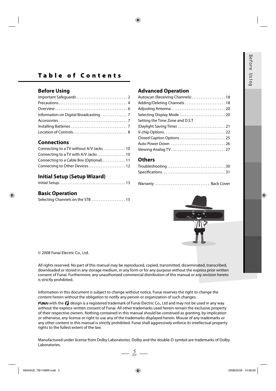 Before using, Connections, Initial setup (setup wizard) | Basic operation, Advanced operation, Others | Philips Magnavox TB110MW9 User Manual | Page 5 / 32