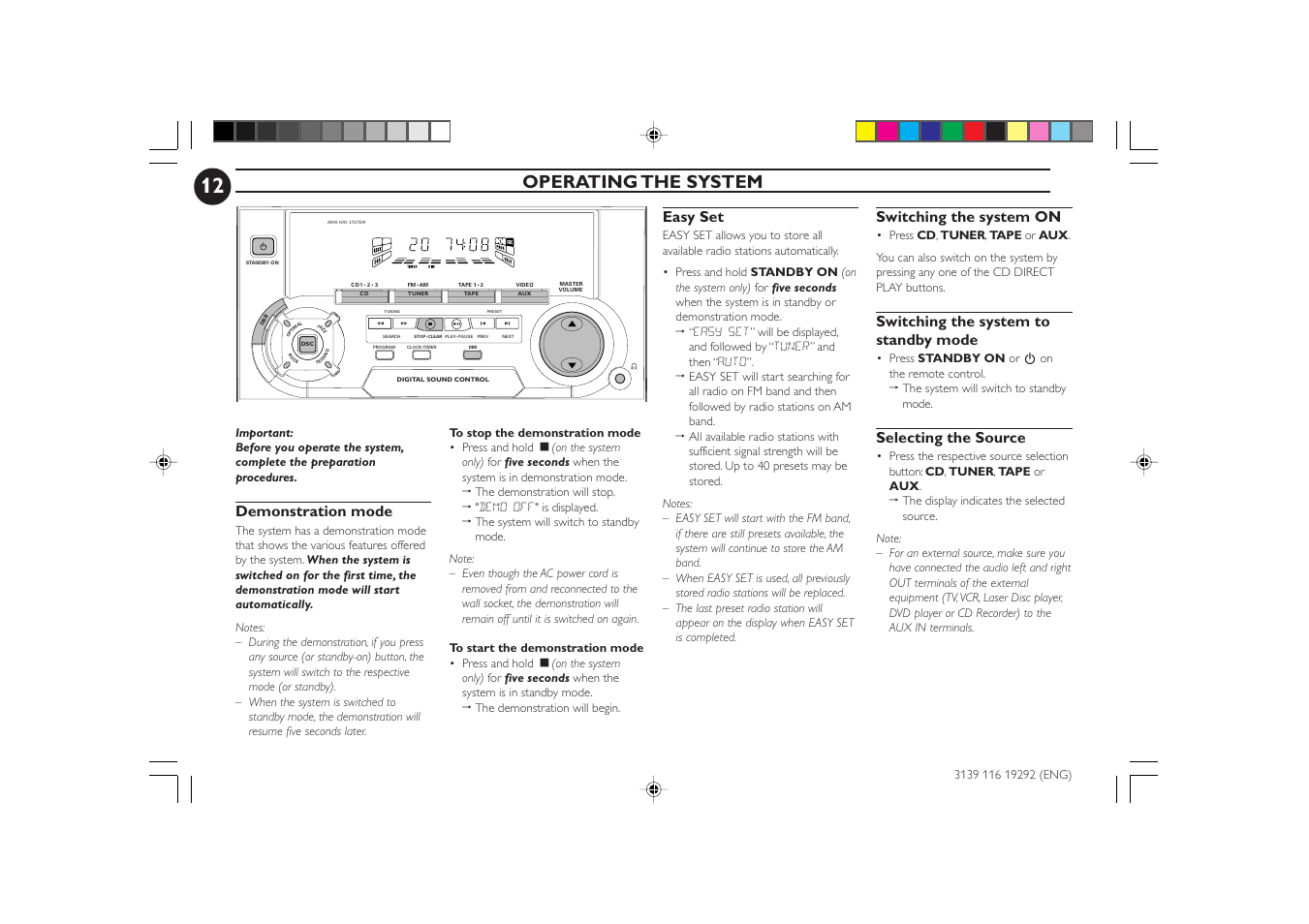 Operating the system, Demonstration mode, Easy set | Switching the system on, Switching the system to standby mode, Selecting the source | Philips FWC1C37 User Manual | Page 12 / 28