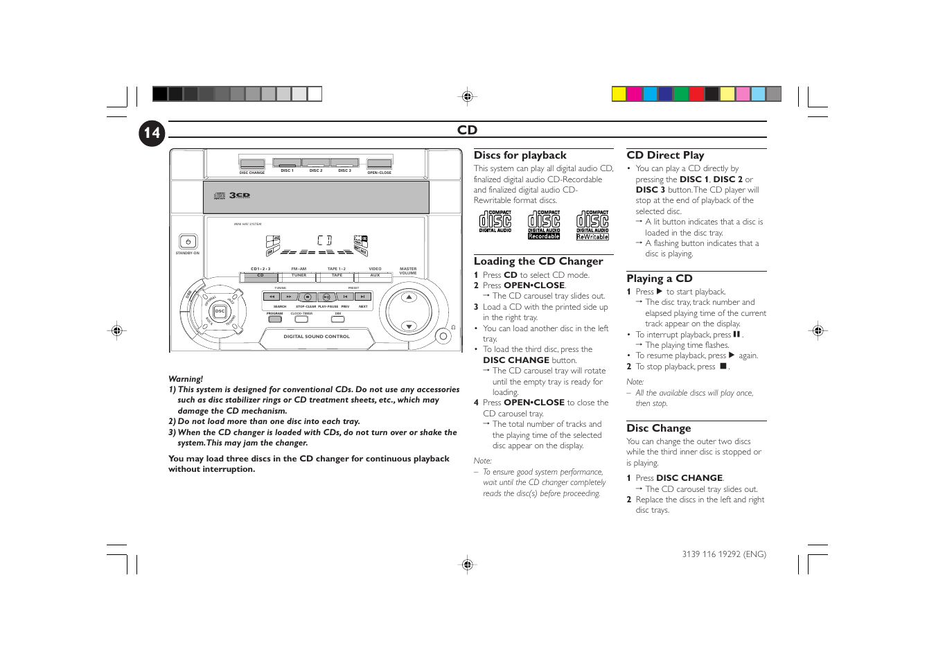 Discs for playback, Loading the cd changer, Cd direct play | Playing a cd, Disc change | Philips FWC1C37 User Manual | Page 14 / 28