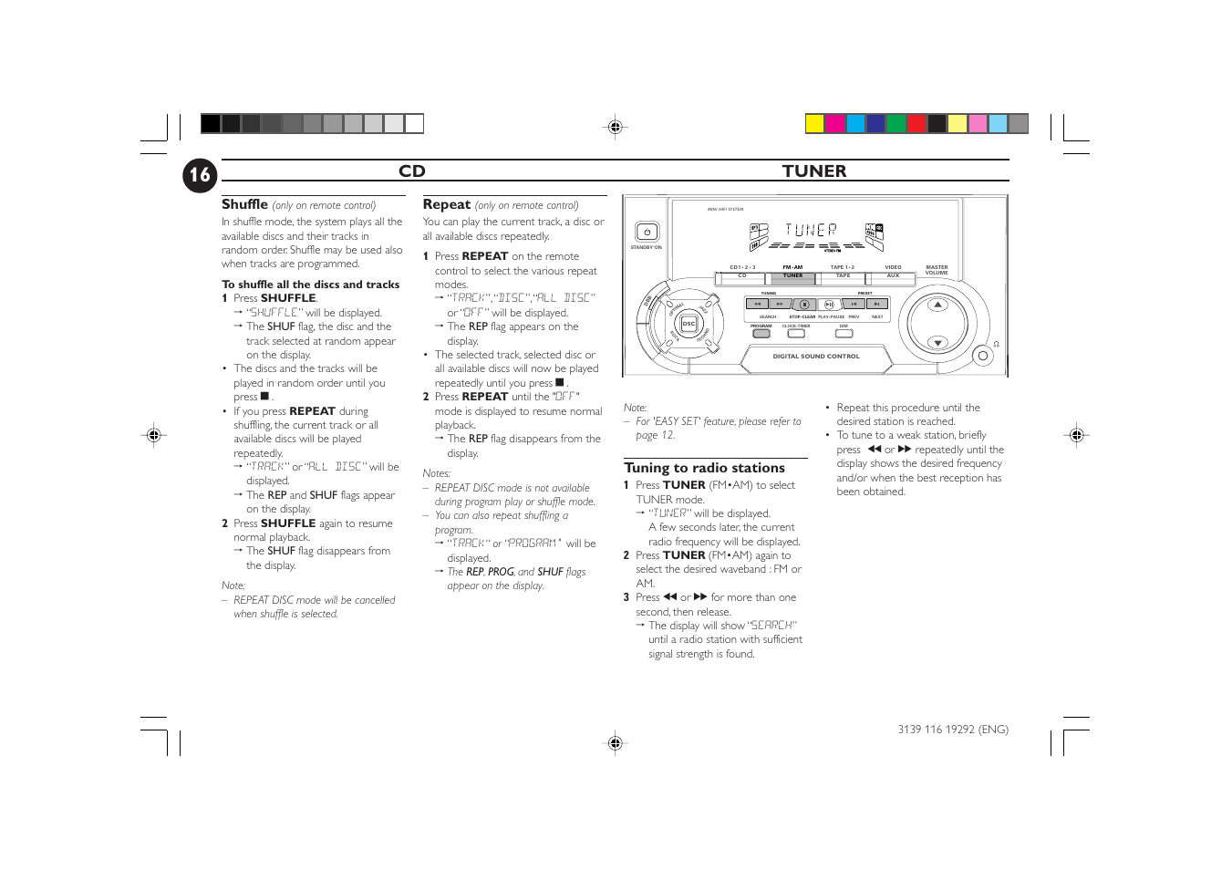 Cd tuner, Repeat, Shuffle | Tuning to radio stations | Philips FWC1C37 User Manual | Page 16 / 28