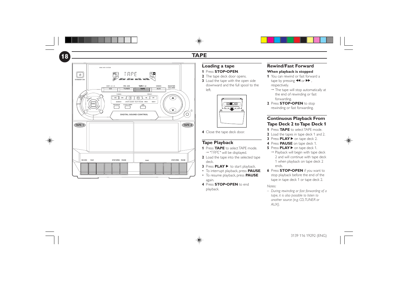 Tape, Loading a tape, Tape playback | Rewind/fast forward | Philips FWC1C37 User Manual | Page 18 / 28
