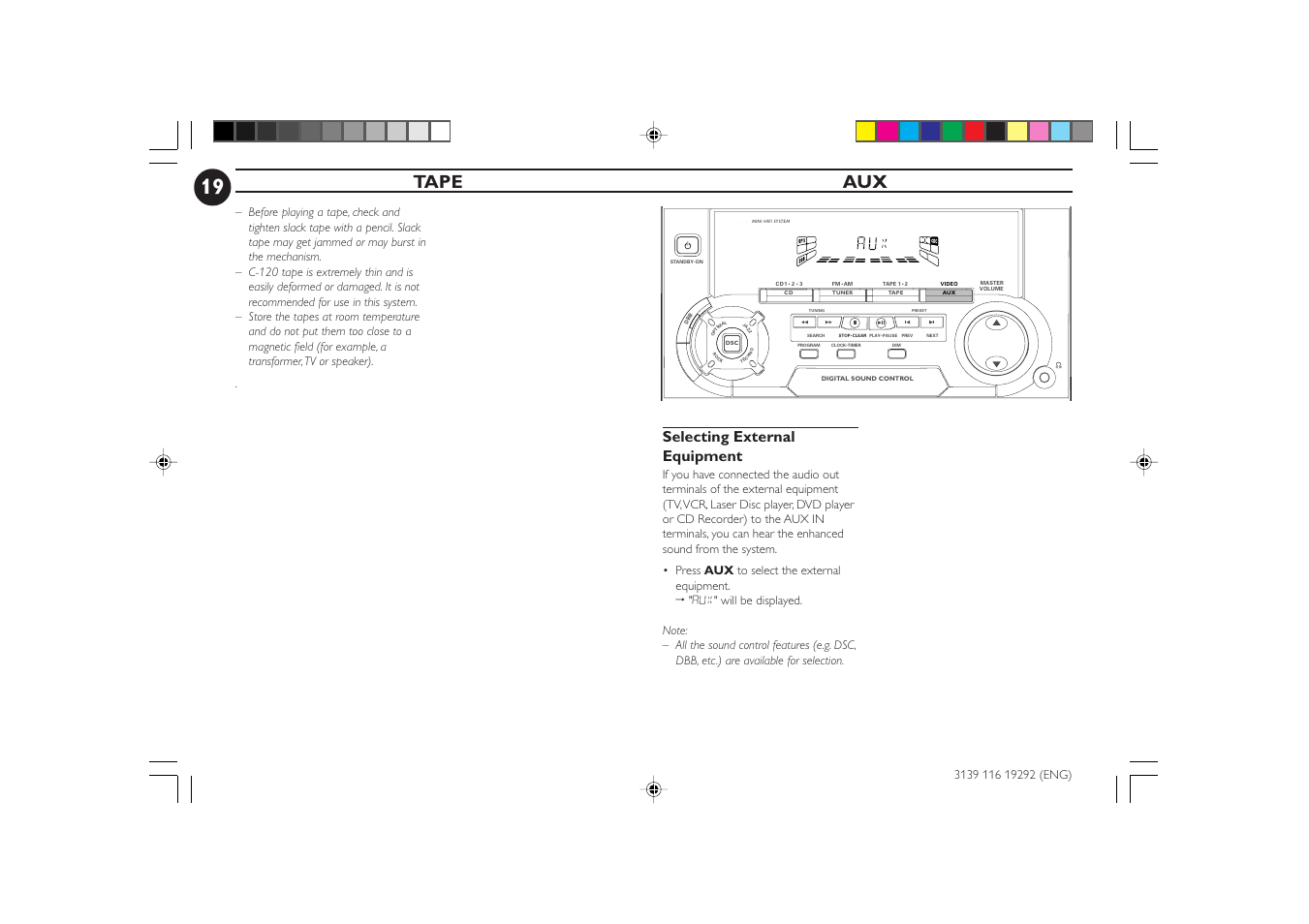 Tape aux, Selecting external equipment | Philips FWC1C37 User Manual | Page 19 / 28
