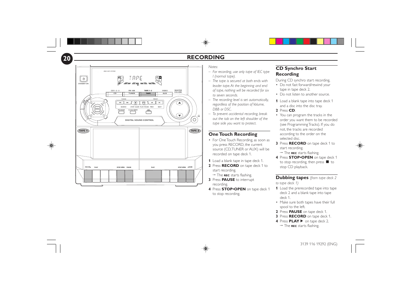 Recording, One touch recording, Cd synchro start recording | Dubbing tapes, Starts flashing | Philips FWC1C37 User Manual | Page 20 / 28