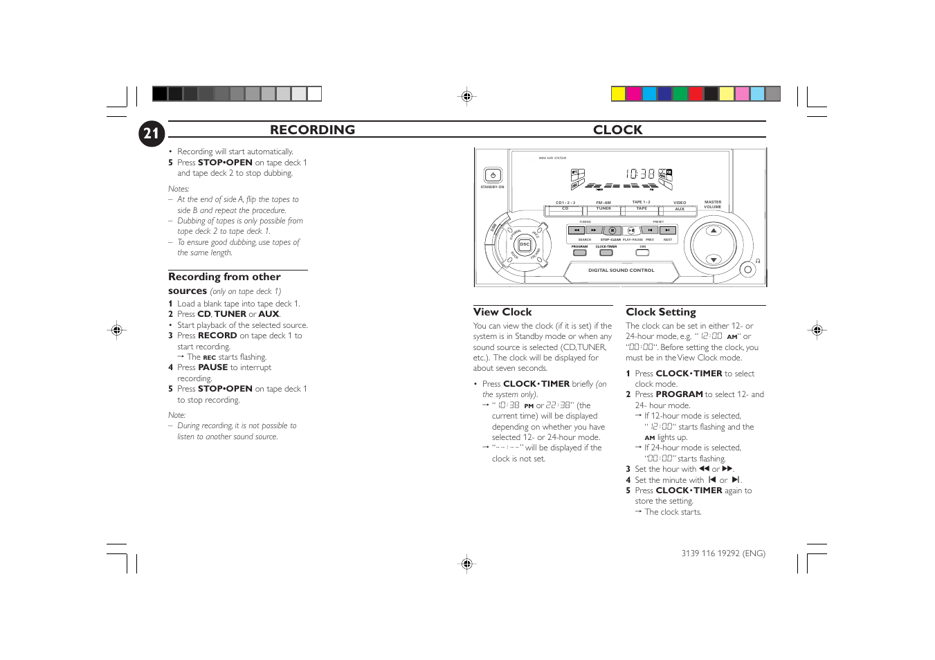 Recording clock, Recording from other sources, View clock | Clock setting | Philips FWC1C37 User Manual | Page 21 / 28