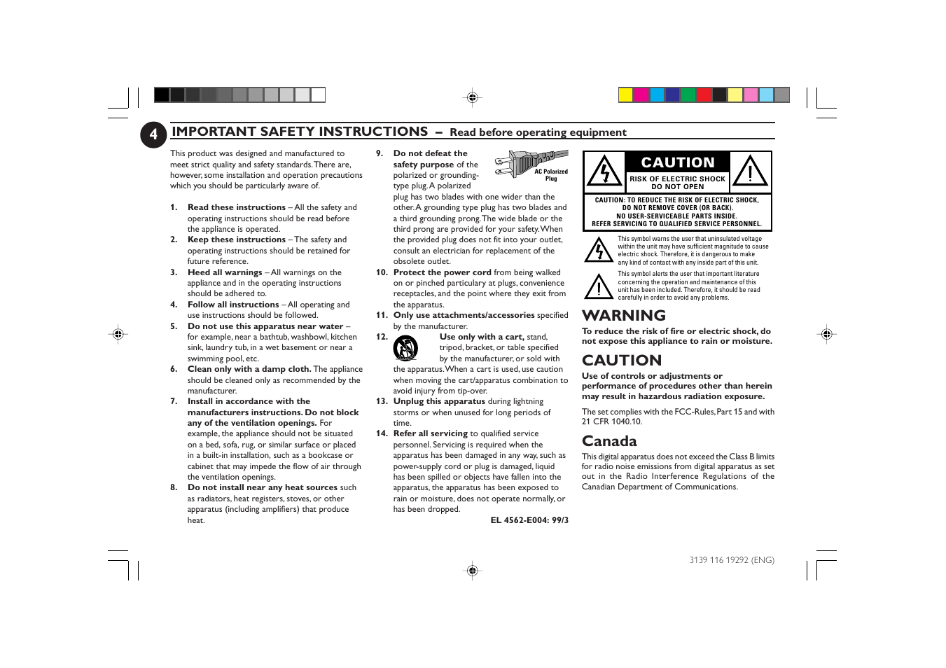 Warning, Canada, Important safety instructions | Caution | Philips FWC1C37 User Manual | Page 4 / 28