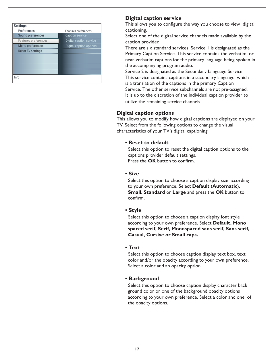 Digital caption service, Reset to default, Size | Style, Text, Background, Digital caption options | Philips Magnavox 32MD251D User Manual | Page 17 / 46