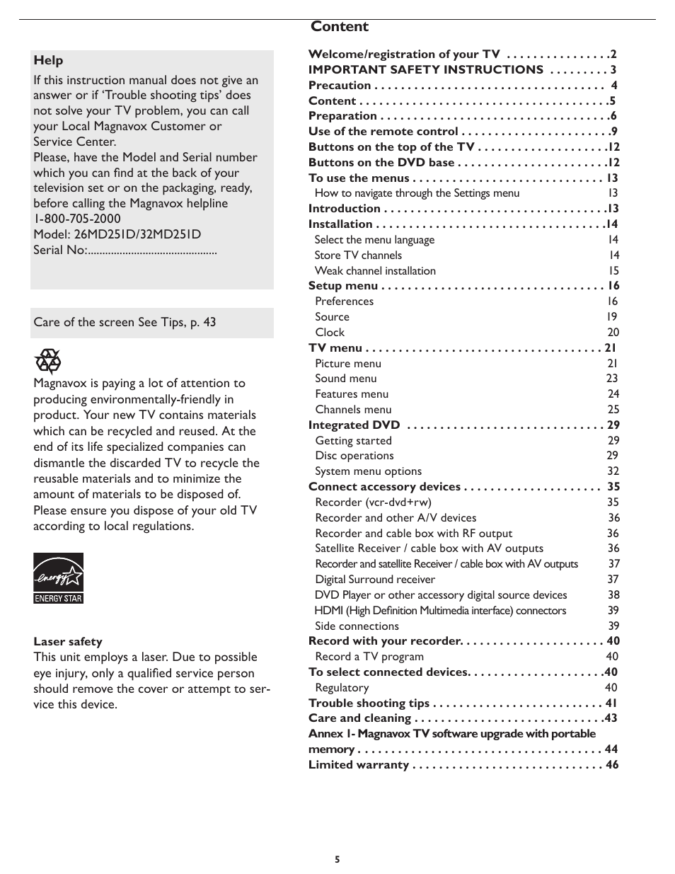 Philips Magnavox 32MD251D User Manual | Page 5 / 46