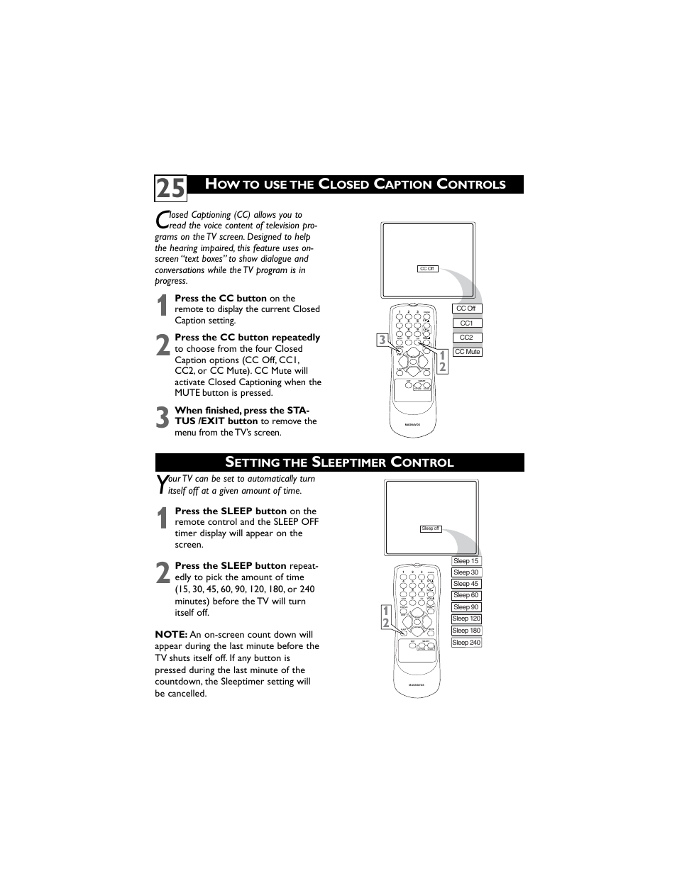 Etting the, Leeptimer, Ontrol | Ow to use the, Losed, Aption, Ontrols | Philips Magnavox 32MT3305/17 User Manual | Page 29 / 34