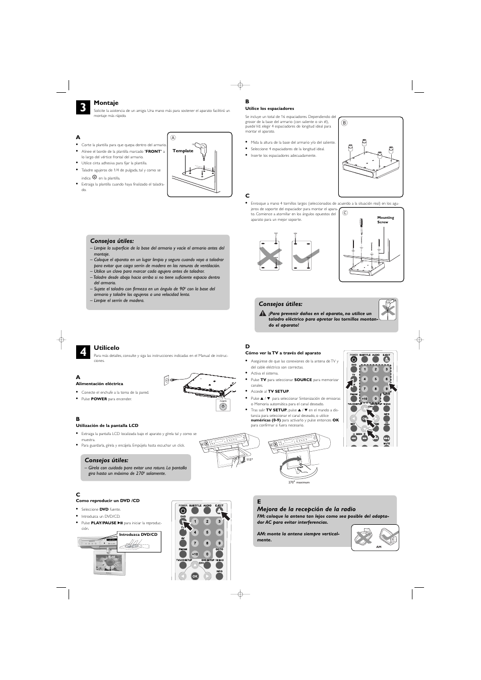 Montaje, Consejos útiles, Utilícelo | E mejora de la recepción de la radio | Philips Magnavox MDR700 User Manual | Page 2 / 2