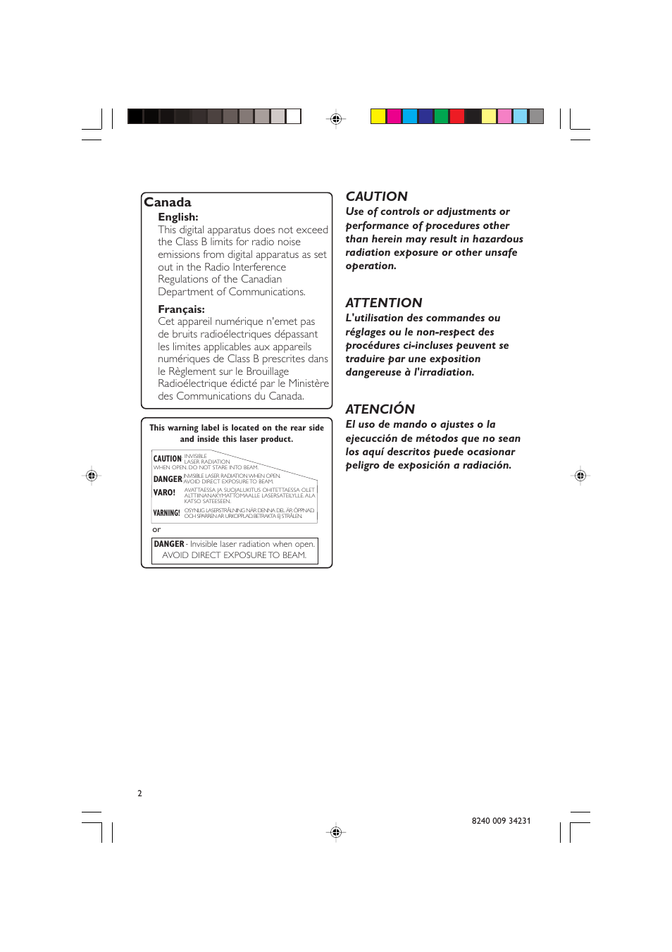 Canada, Caution, Attention | Atención | Philips Magnavox MAS-80 User Manual | Page 2 / 26