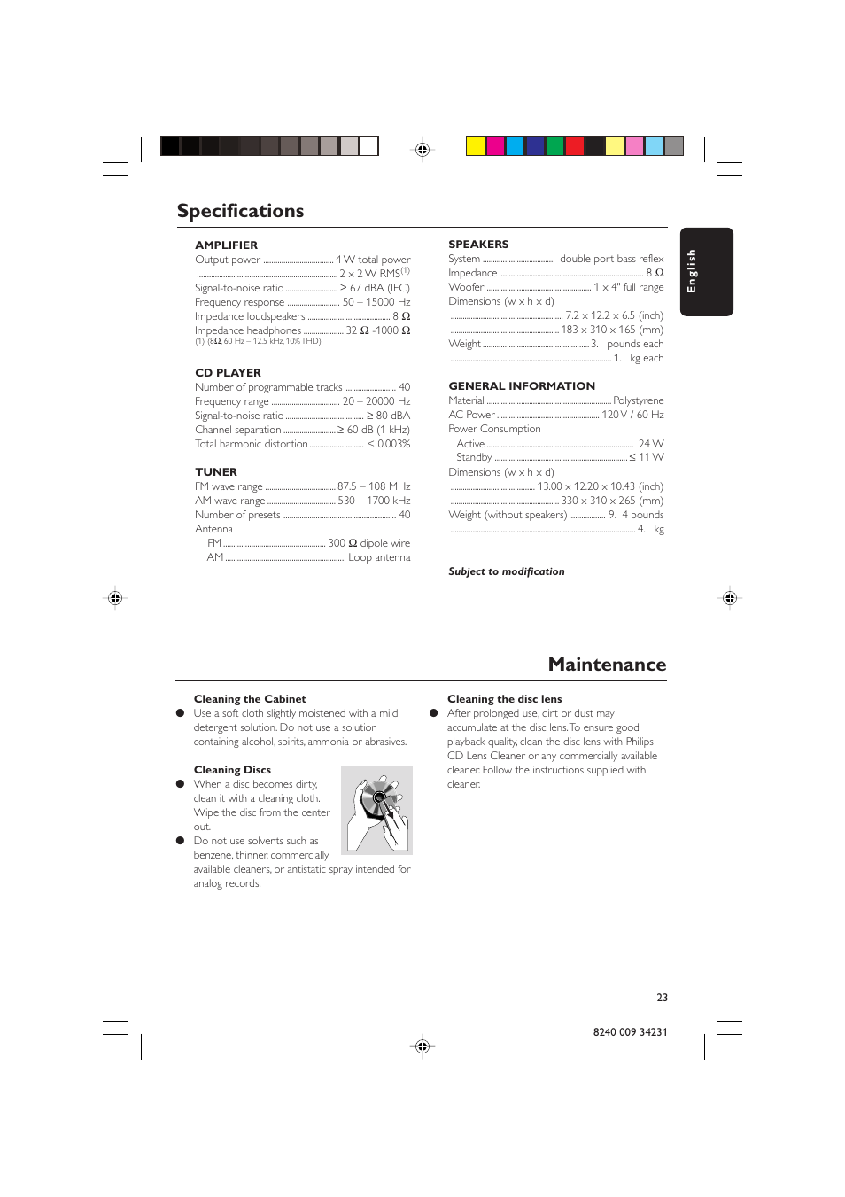 Specifications, Maintenance | Philips Magnavox MAS-80 User Manual | Page 23 / 26