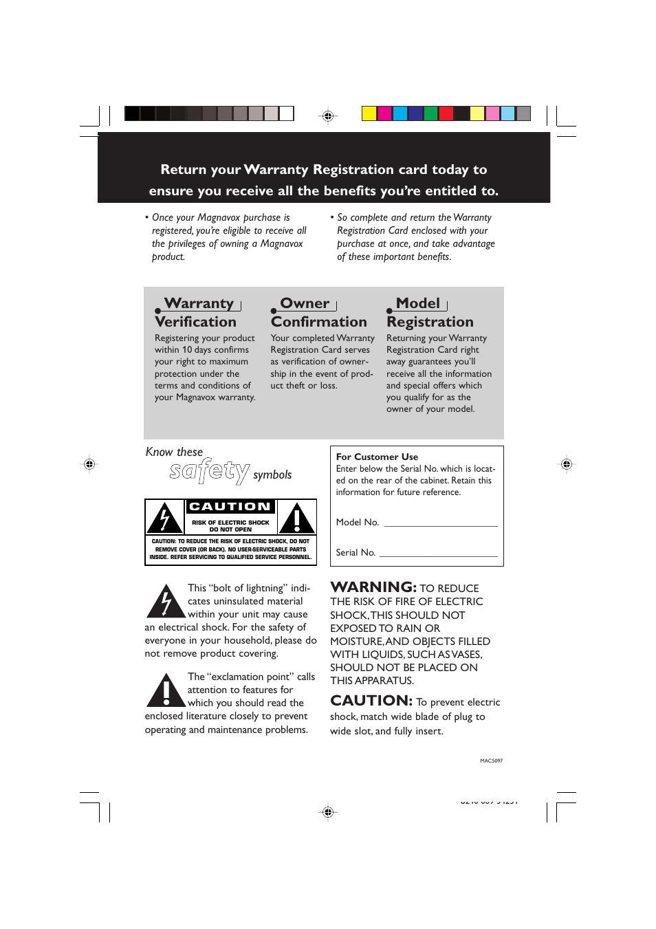 Ssa affe etty y, Warranty verification, Owner confirmation | Model registration, Caution, Warning | Philips Magnavox MAS-80 User Manual | Page 4 / 26