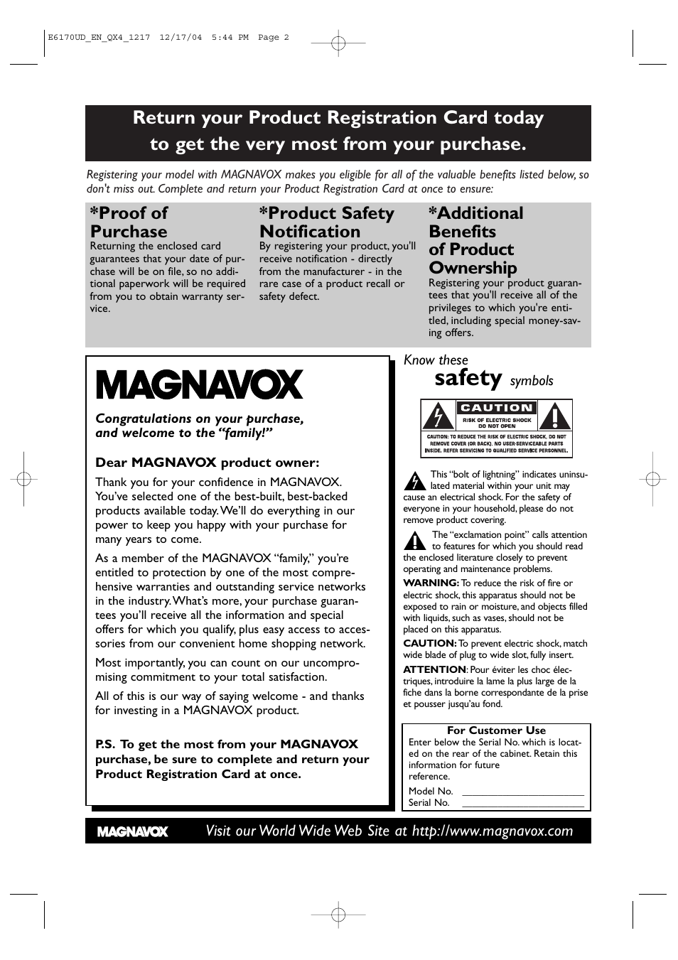 Safety, Proof of purchase, Product safety notification | Additional benefits of product ownership | Philips Magnavox MDV456/17 User Manual | Page 2 / 56