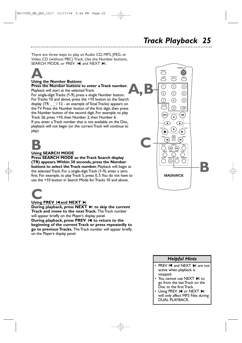 A,b b c, Track playback 25 | Philips Magnavox MDV456/17 User Manual | Page 25 / 56