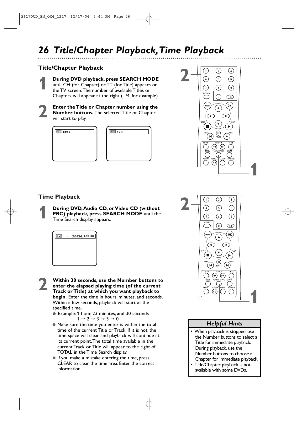 26 title/chapter playback,time playback | Philips Magnavox MDV456/17 User Manual | Page 26 / 56