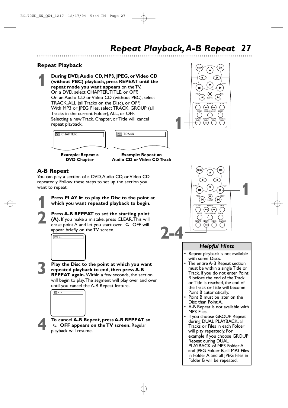 Repeat playback, a-b repeat 27 | Philips Magnavox MDV456/17 User Manual | Page 27 / 56